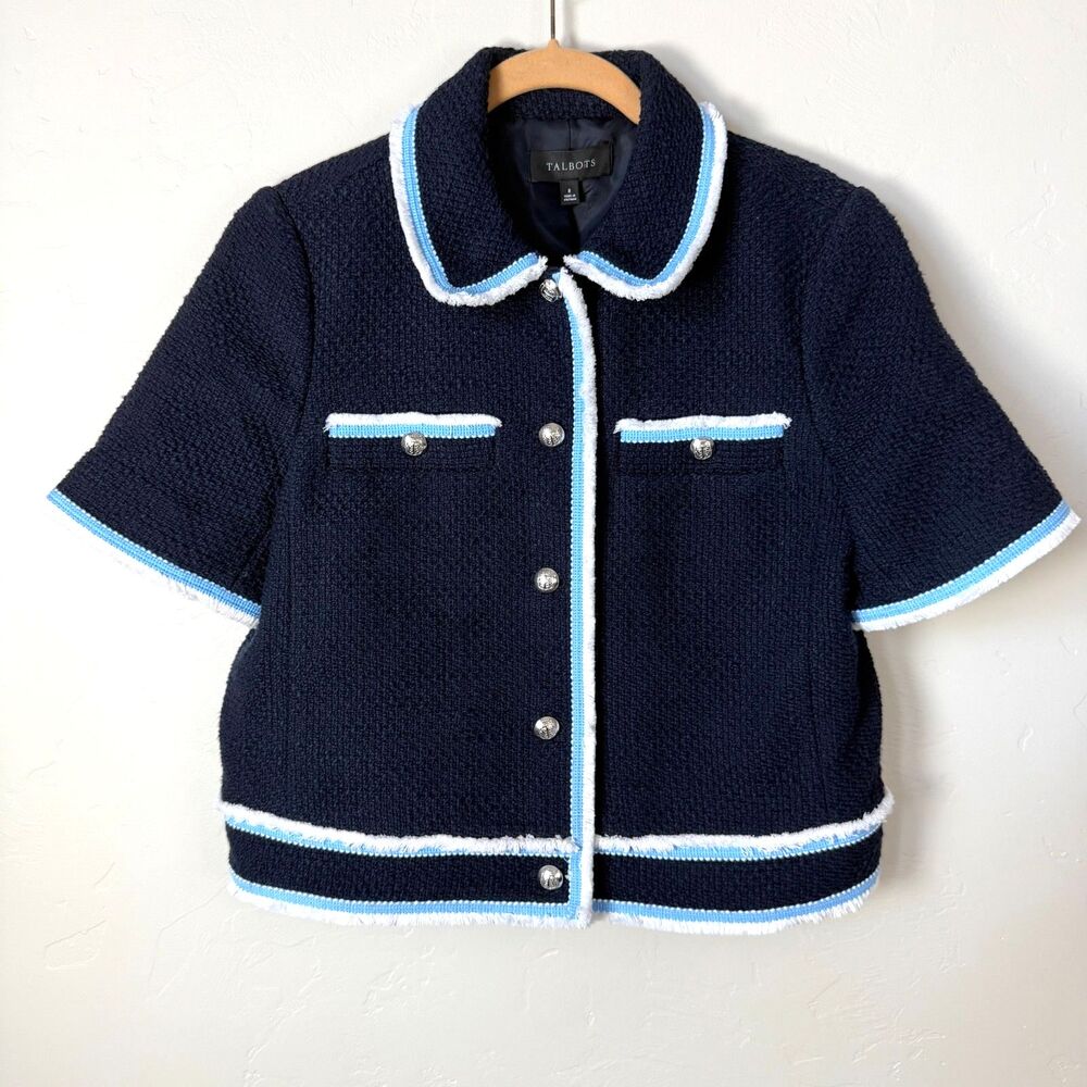 Talbots Tweed Short Sleeve Jacket 8 Navy Blue Fringe Trim Crest Button Blazer